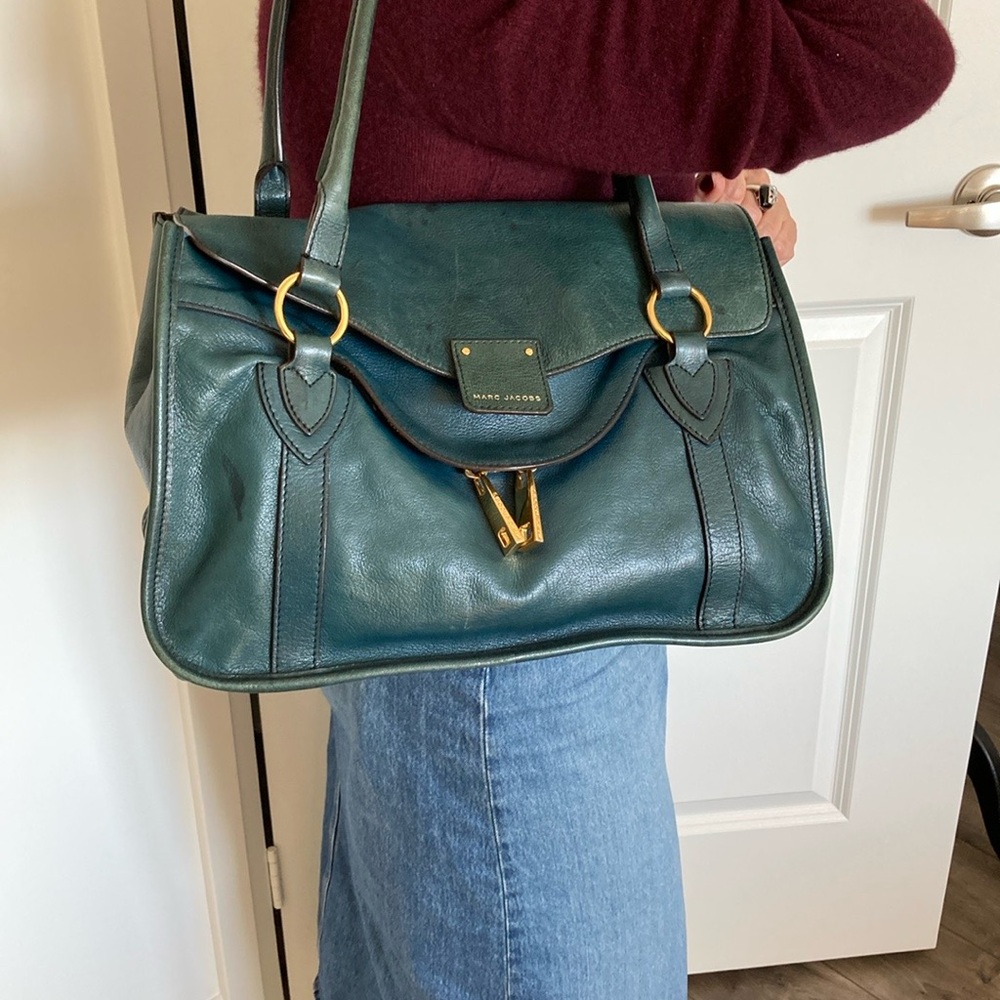 Marc Jacobs Green Leather Shoulder Bag with Gold Accents